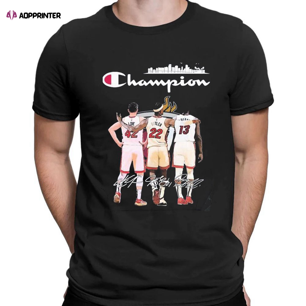 Miami Heat Kevin Love Jimmy Butler And Bam Adebayo Champion Miami Skyline Signatures T-shirt For Fans