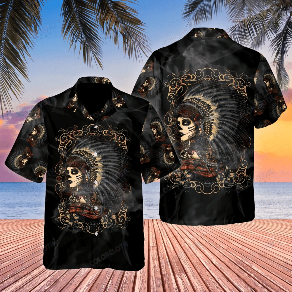 Native Girl Skull Hawaiian Shirt, Gift For Men Womens