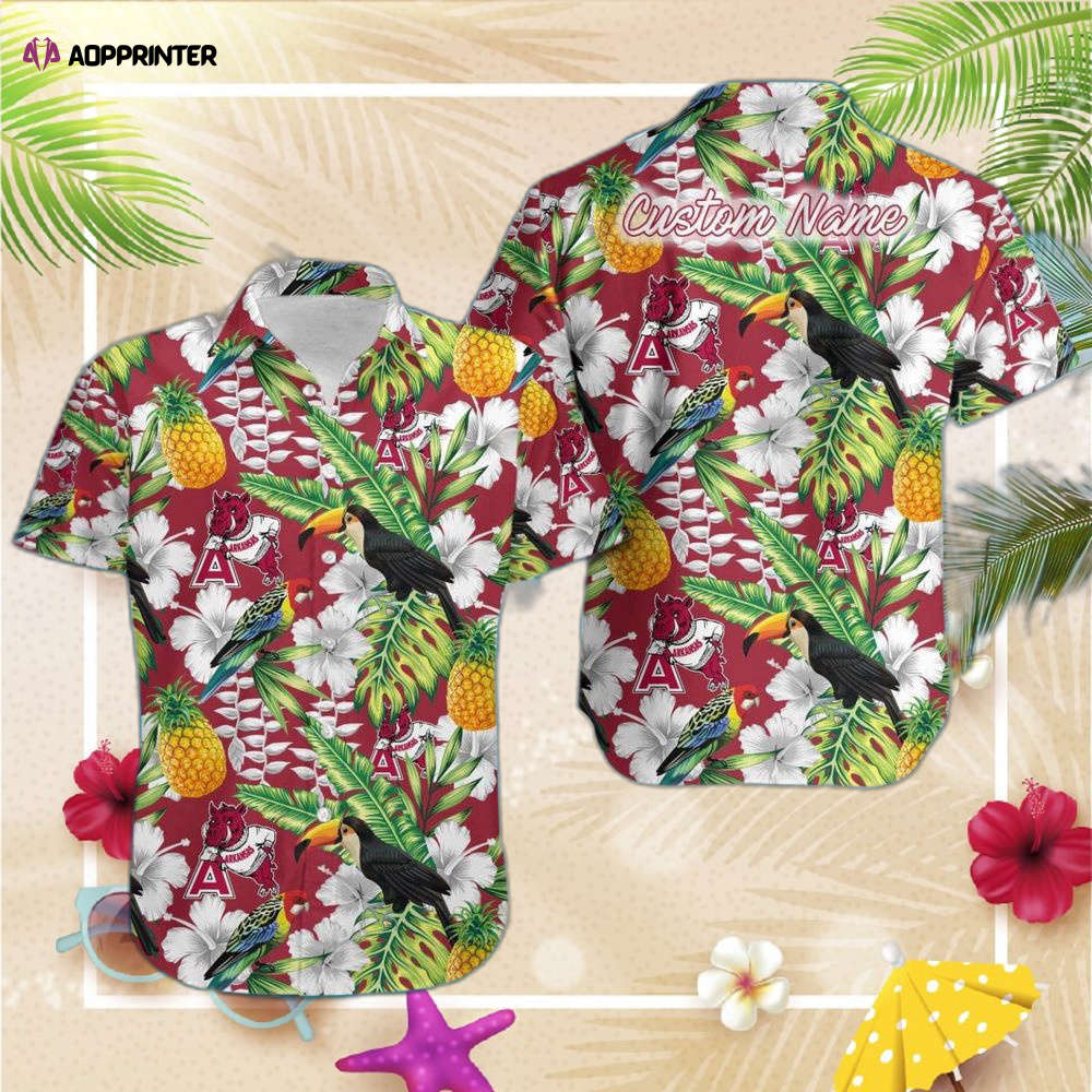 NCAA Arkansas Razorbacks Custom Name Parrot Floral Tropical Hawaiian Shirt  For Men Women