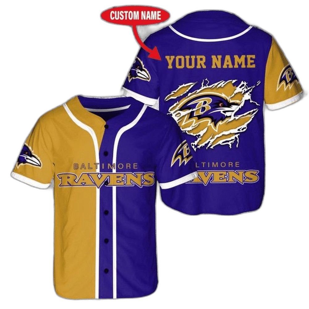 NFL Baltimore Ravens Custom Name Gold Purple Baseball Jersey Unisex Shirt, Gift For Men And Women