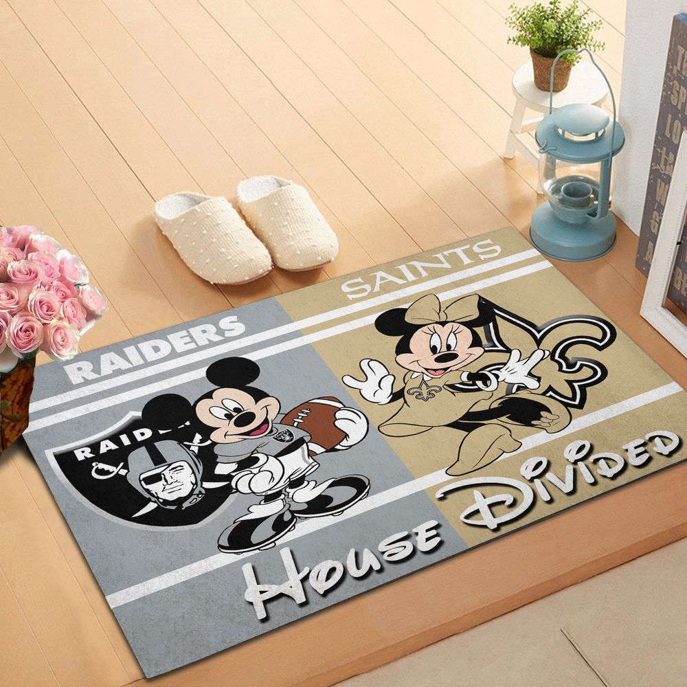 Oakland Raiders vs New Orleans Saints Mickey And Minnie Teams NFL House Divided Doormat, Gift For Home Decor