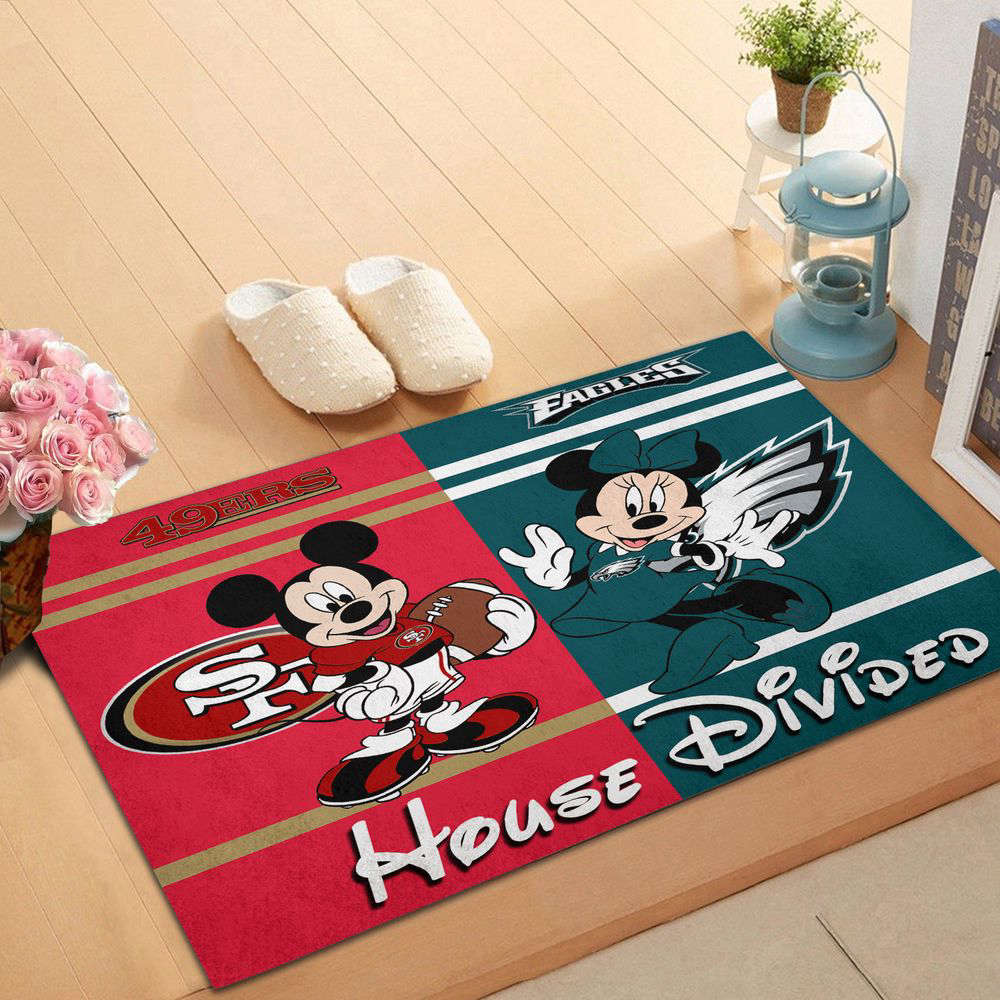 San Francisco 49ers vs Philadelphia Eagles Mickey And Minnie Teams NFL House Divided Doormat, Gift For Home Decor