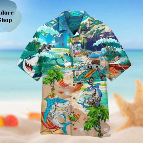 Shark 3D Animal Print Hawaiian Shirt, Fashionable Button Short Sleeve Streetwear For Men