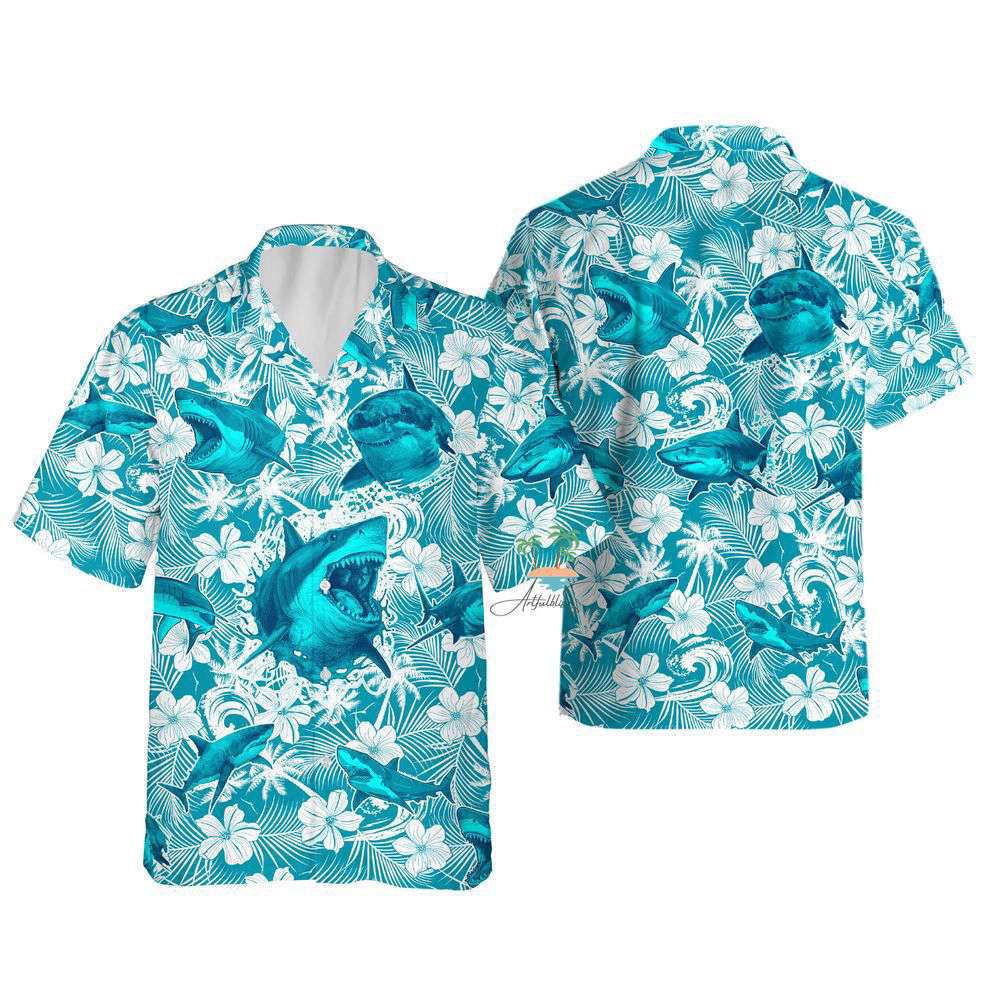 Shark Teal Hawaiian Shirt, Gift For Men And Women, Beach Party Shark Lover Hawaii Shirt