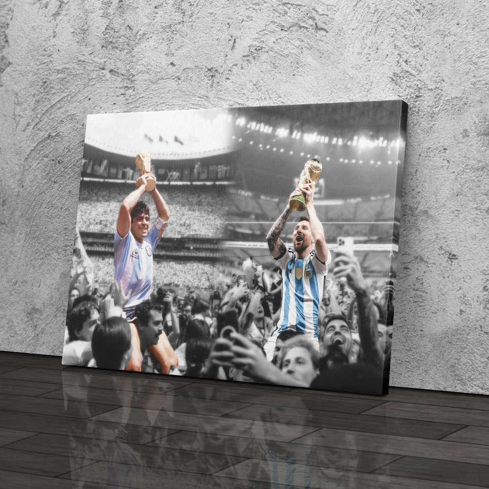 Argentina Heroes Maradona and Messi lifting World Cup Canvas Wall Art Print Home Decor Hand Made Framed Poster