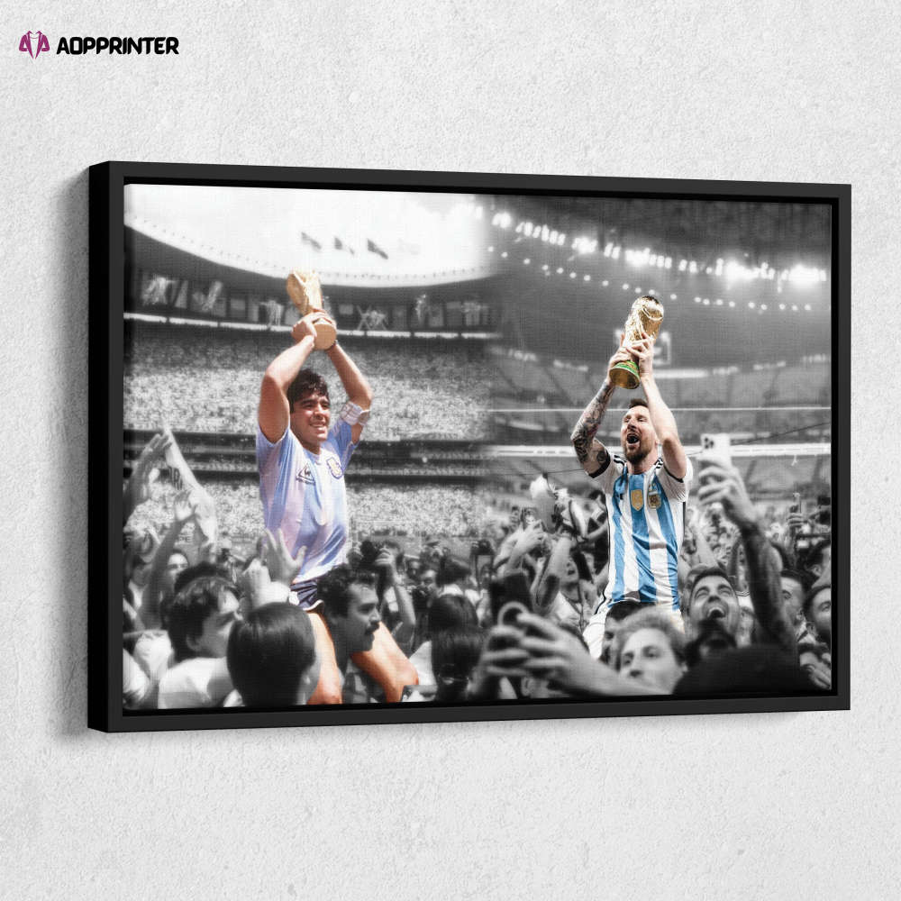 Argentina Heroes Maradona and Messi lifting World Cup Canvas Wall Art Print Home Decor Hand Made Framed Poster