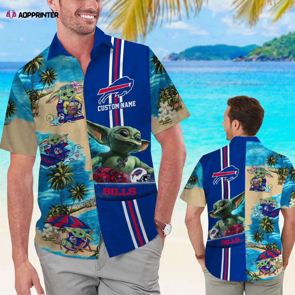 Buffalo Bills Baby Yoda Name Personalized Short Sleeve Button Up Tropical Aloha Hawaiian Shirt Set for Men Women Kids