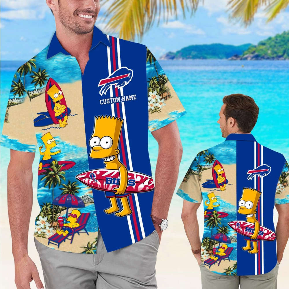 Buffalo Bills Simpsons Name Personalized Short Sleeve Button Up Tropical Aloha Hawaiian Shirt Set for Men Women Kids