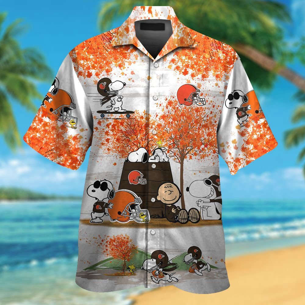 Cleveland Browns Snoopy Autumn Short Sleeve Button Up Tropical Aloha Hawaiian Shirt Set for Men Women Kids