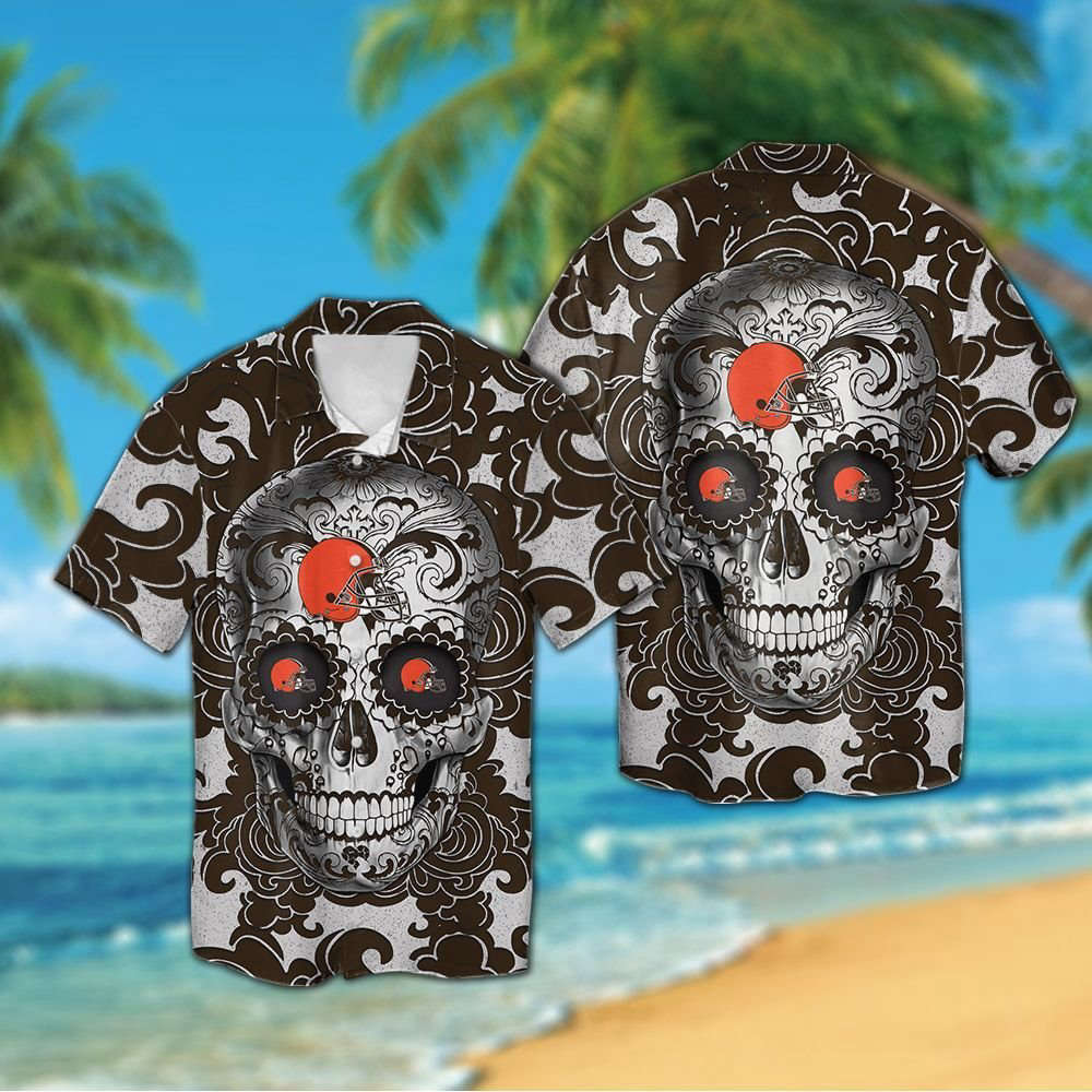 Cleveland Browns Sugarskull Short Sleeve Button Up Tropical Aloha Hawaiian Shirt Set for Men Women Kids