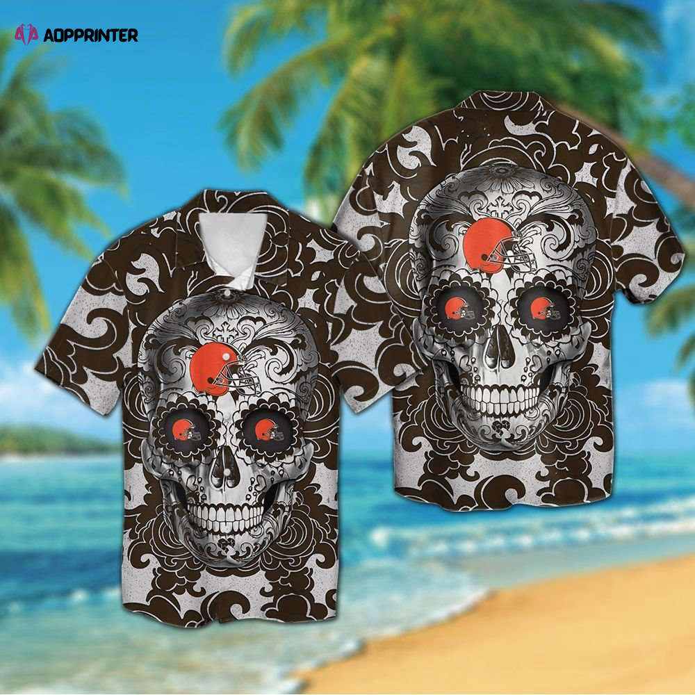 Cleveland Browns Sugarskull Short Sleeve Button Up Tropical Aloha Hawaiian Shirt Set for Men Women Kids