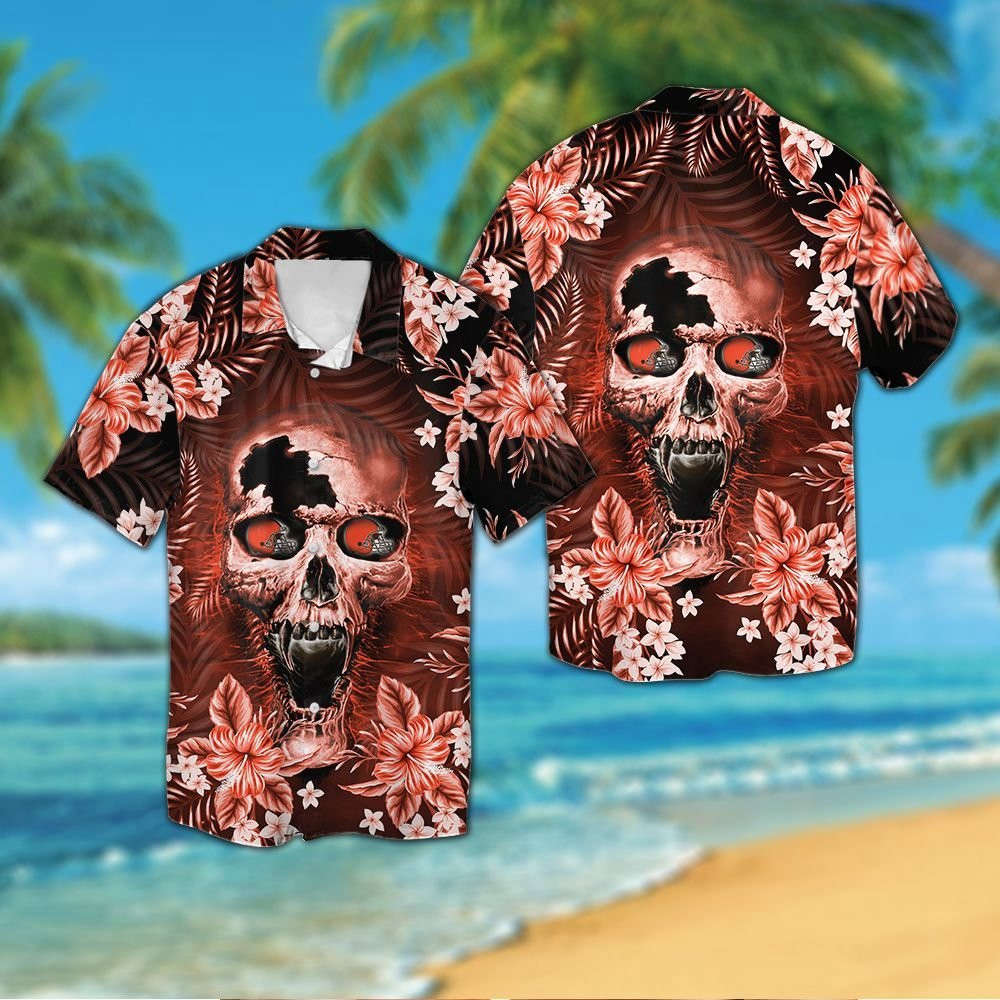 Cleveland Brownsskull Short Sleeve Button Up Tropical Aloha Hawaiian Shirt Set for Men Women Kids MTE01