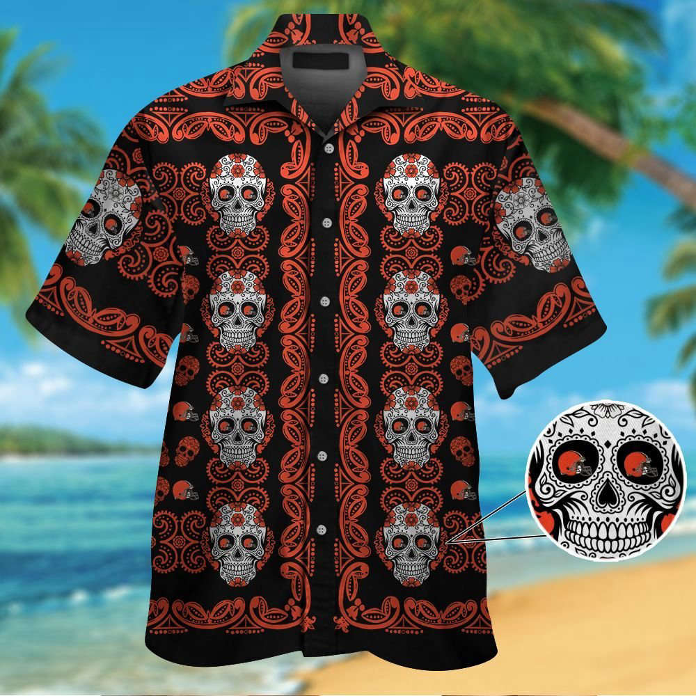 Cleveland Brownsskull Short Sleeve Button Up Tropical Aloha Hawaiian Shirt Set for Men Women Kids MTE02