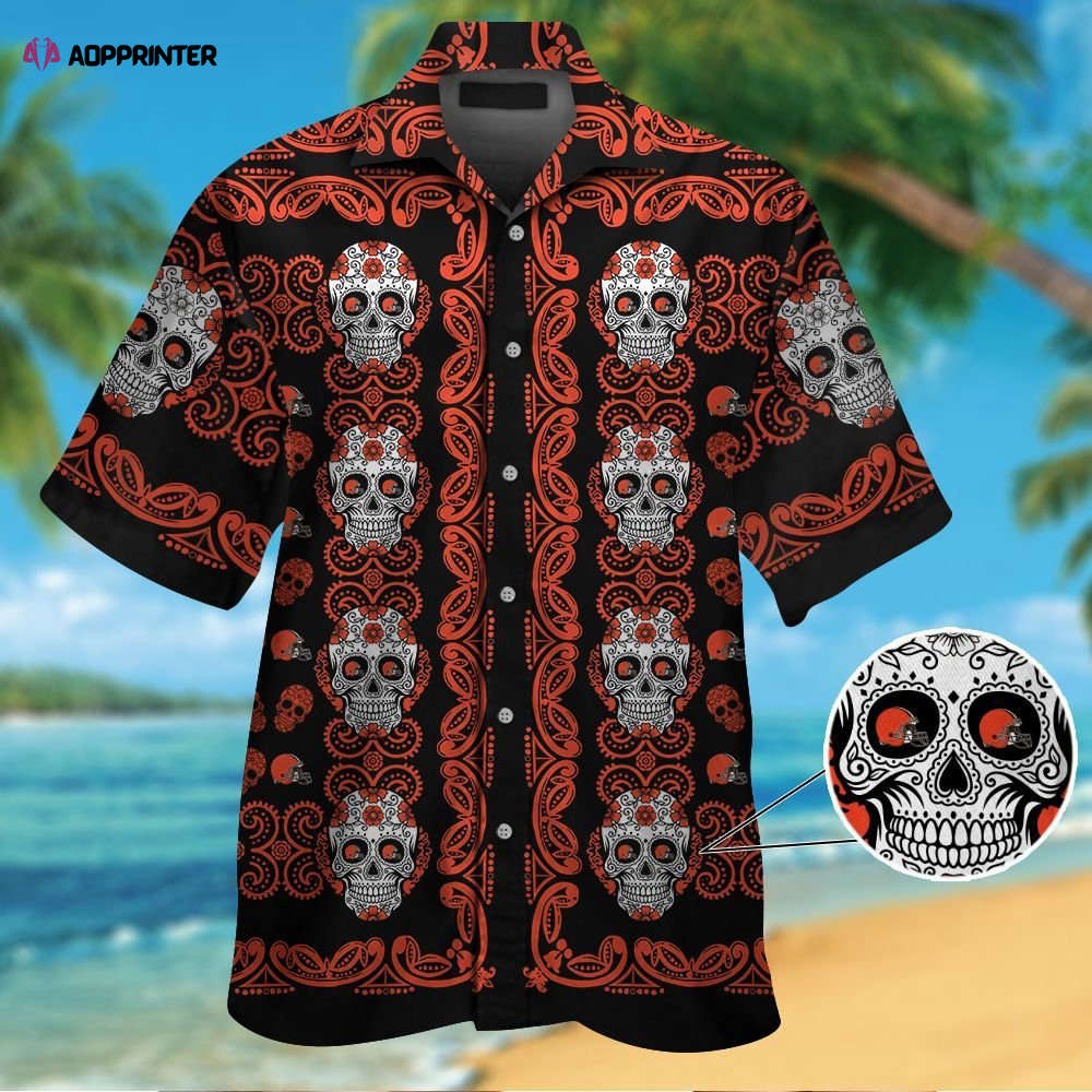 Cleveland Brownsskull Short Sleeve Button Up Tropical Aloha Hawaiian Shirt Set for Men Women Kids MTE02