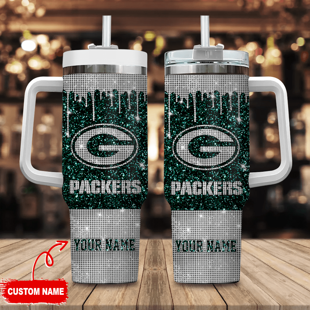 Green Bay Packers Personalized NFL Glitter and Diamonds Bling 40oz Stanley Tumbler