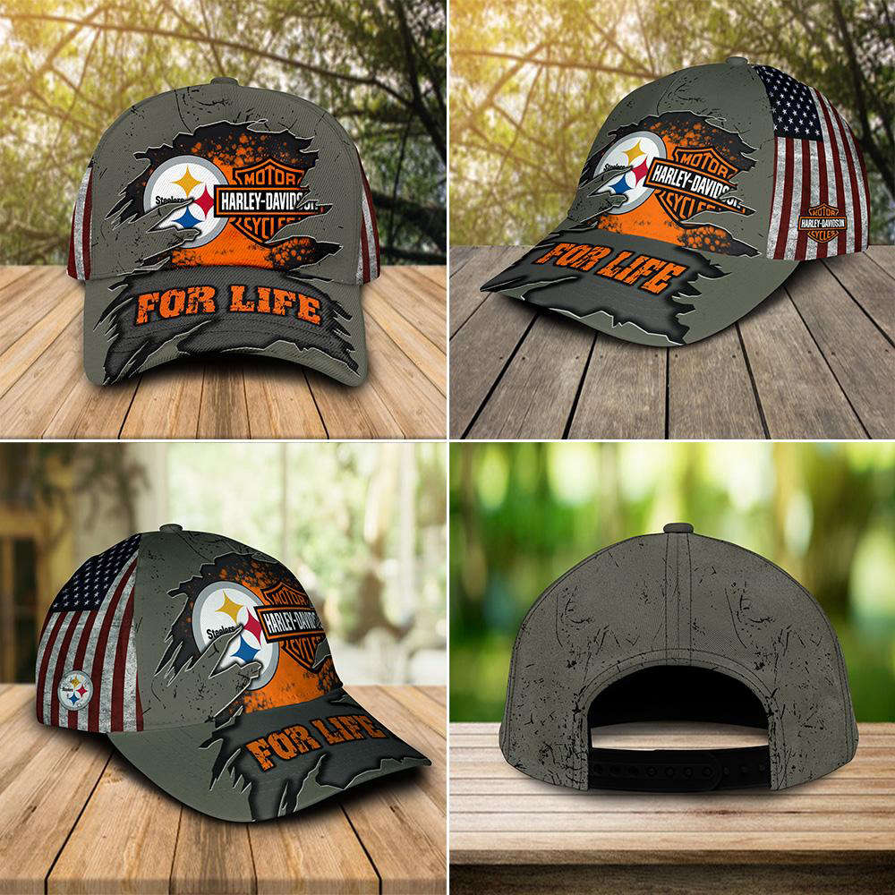 Harley Davidson Pittsburgh Steelers 3D Allover Print Classic Cap Hat For Men Women