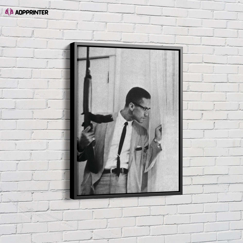 Malcolm X Looking Out The Window Holding Gun Canvas Unique Design Wall Art Print Hand Made Ready to Hang Custom Design