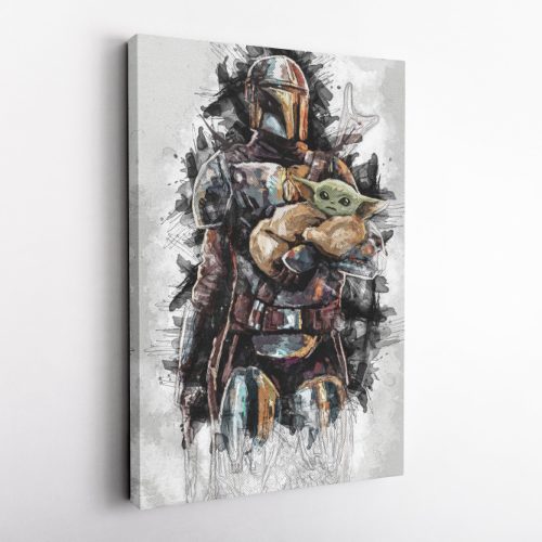 Mandalorian with Baby Yoda Art Effect Star Wars Canvas Unique Design Wall Art Print Hand Made Ready to Hang Custom Design