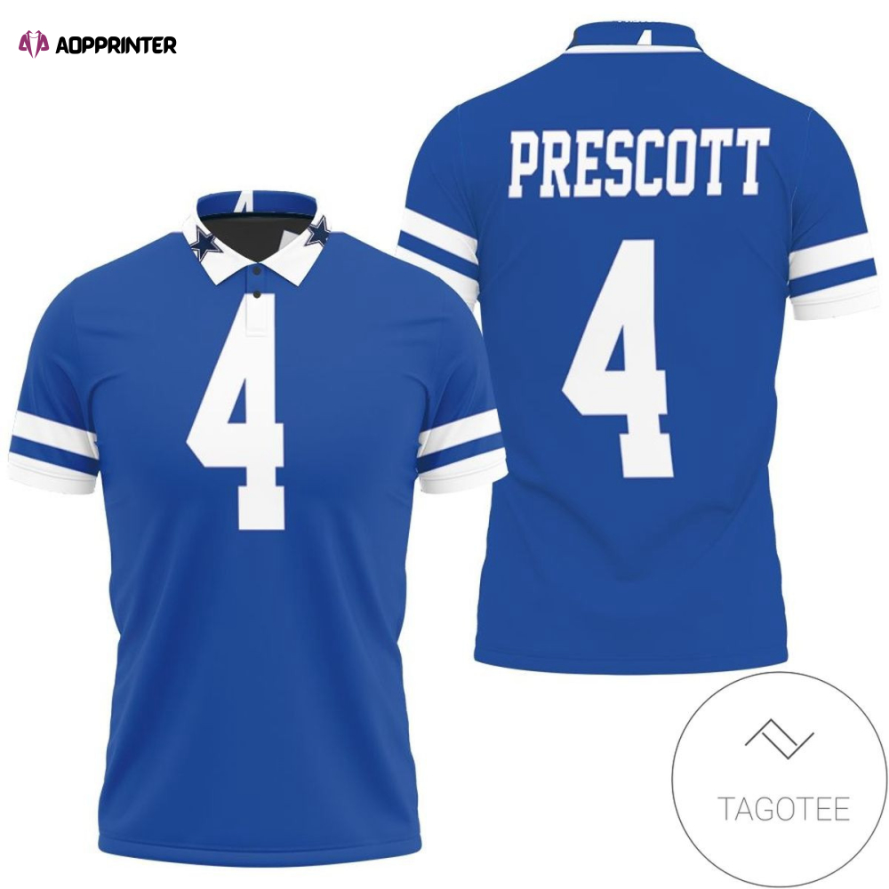 Mens & Womens Dallas Cowboys Dak Prescott Royal Rivalry Throwback Jersey Inspired Style All Over Print Polo Shirt