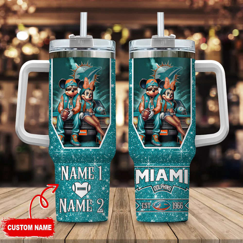 Miami Dolphins NFL Mickey And Minnie Couple 40oz Stanley Tumbler Custom Name