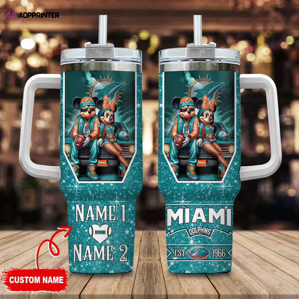 Miami Dolphins NFL Mickey And Minnie Couple 40oz Stanley Tumbler Custom Name