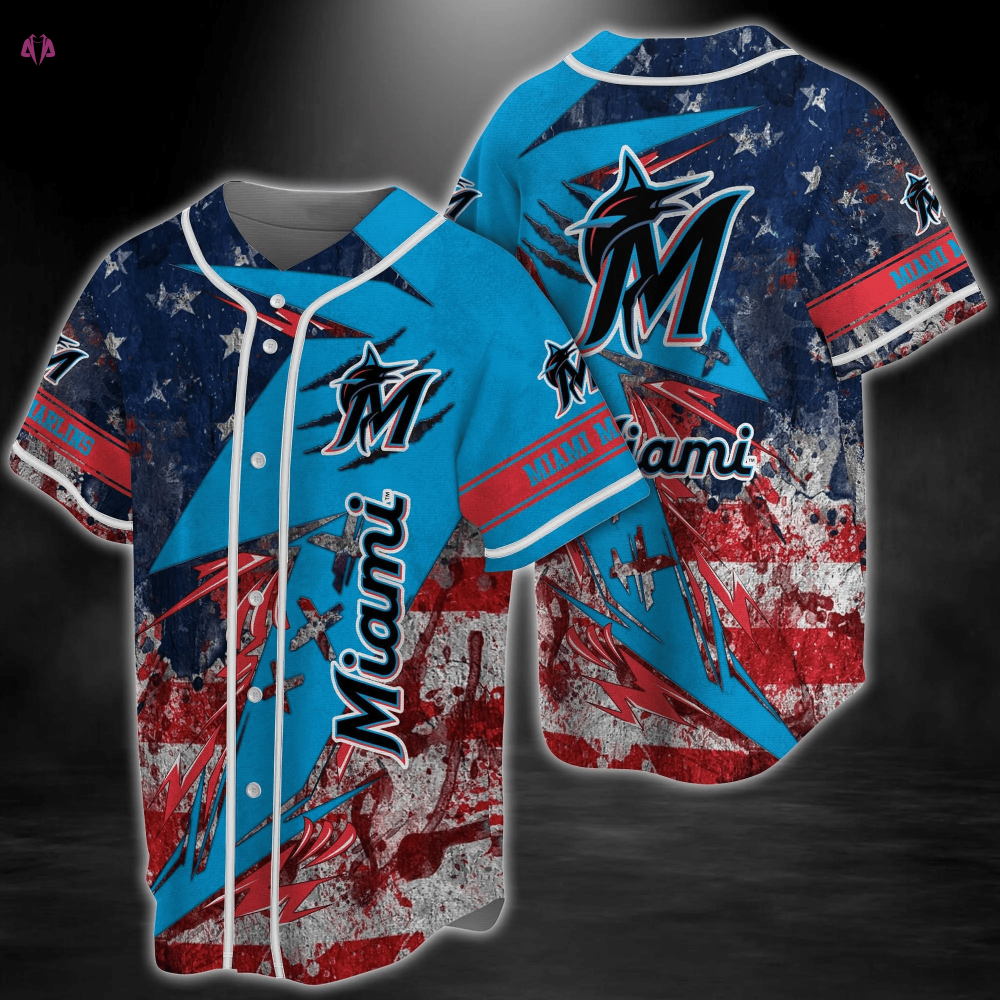 Miami Marlins MLB Baseball Jersey Shirt with US Flag Design FVJ