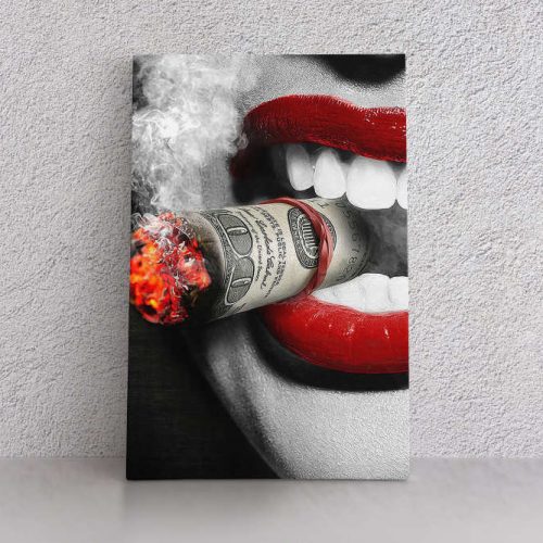 Smoking Woman Poster Red Lips Money Cigar Canvas Unique Design Wall Art Print Hand Made Ready to Hang Custom Design