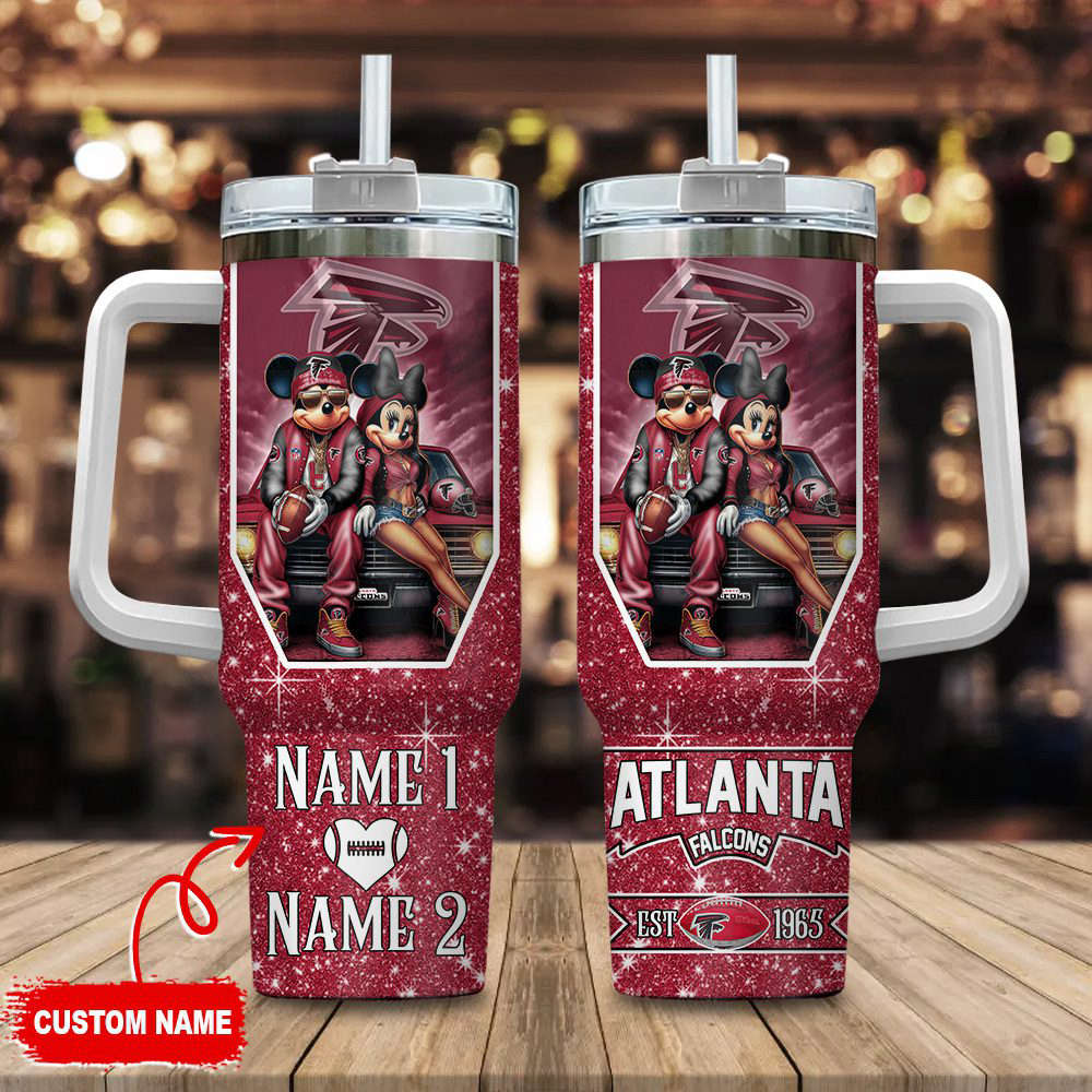 Atlanta Falcons NFL Mickey And Minnie Couple 40oz Stanley Tumbler Custom Name Gift for Fans