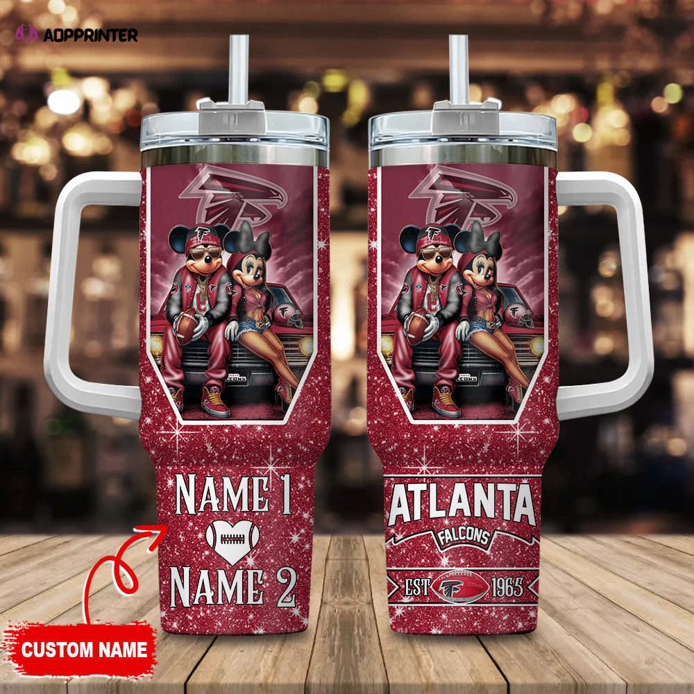 Atlanta Falcons NFL Mickey And Minnie Couple 40oz Stanley Tumbler Custom Name Gift for Fans