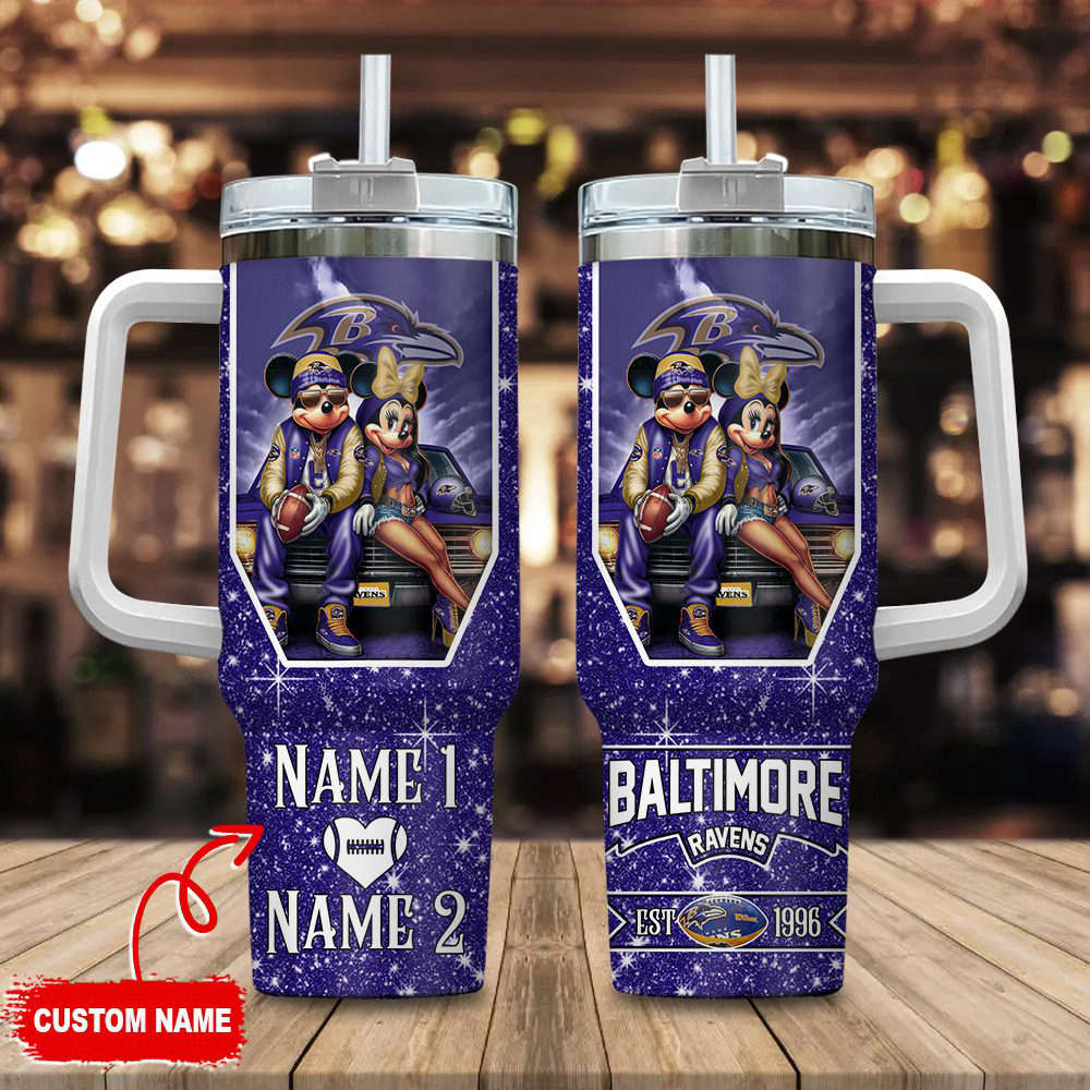 Baltimore Ravens NFL Mickey And Minnie Couple 40oz Stanley Tumbler Custom Name Gift for Fans