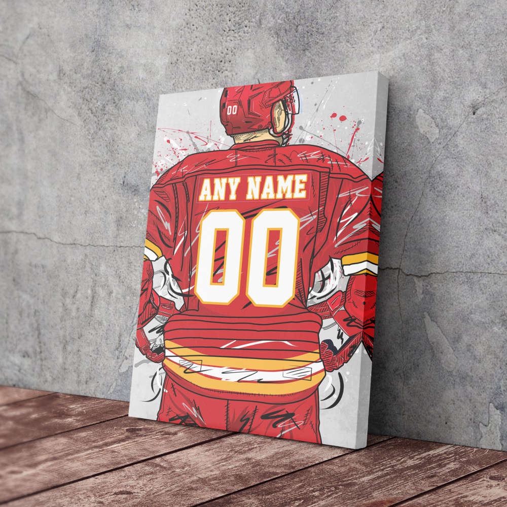 Calgary Flames Jersey NHL Personalized Jersey Custom Name and Number Canvas Wall Art Home Decor Framed Poster Man Cave Gift