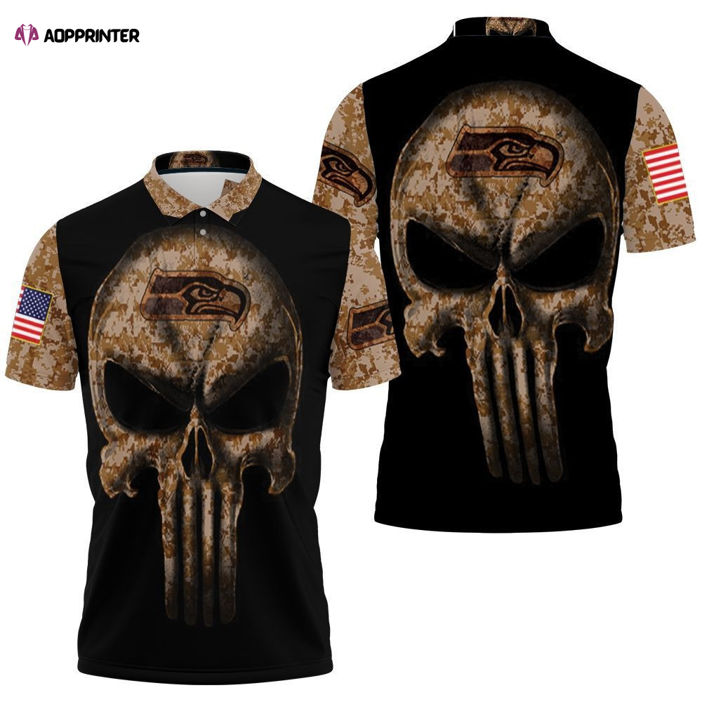 Camouflage Skull Seattle Seahawks American Flag Polo Shirt Gift for Fans Shirt 3d T-shirt