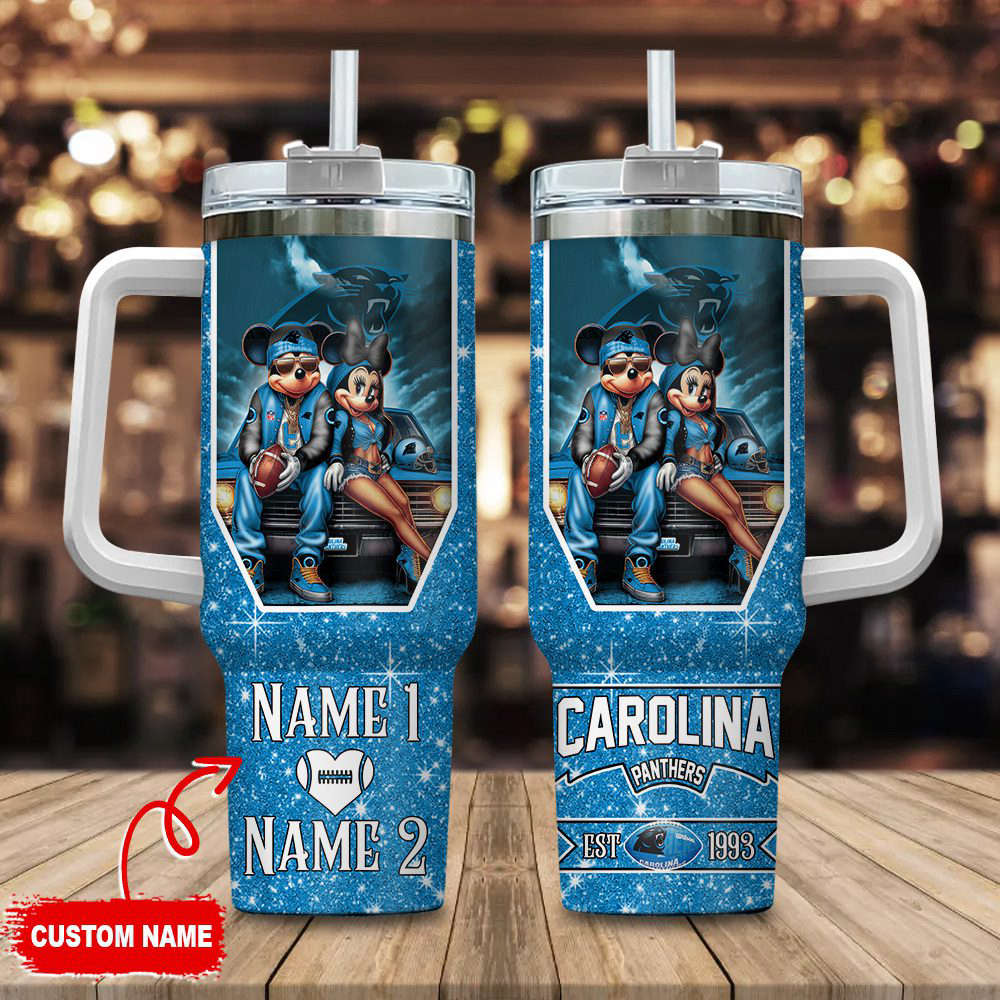 Carolina Panthers NFL Mickey And Minnie Couple 40oz Stanley Tumbler Custom Name Gift for Fans