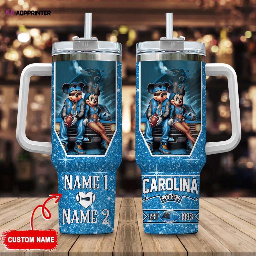 Carolina Panthers NFL Mickey And Minnie Couple 40oz Stanley Tumbler Custom Name Gift for Fans