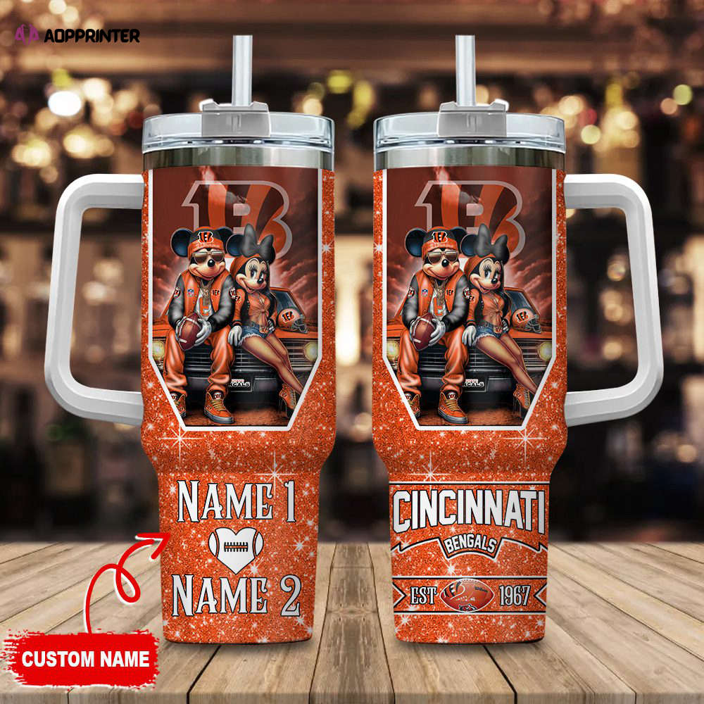 Cincinnati Bengals NFL Mickey And Minnie Couple 40oz Stanley Tumbler Custom Name Gift for Fans