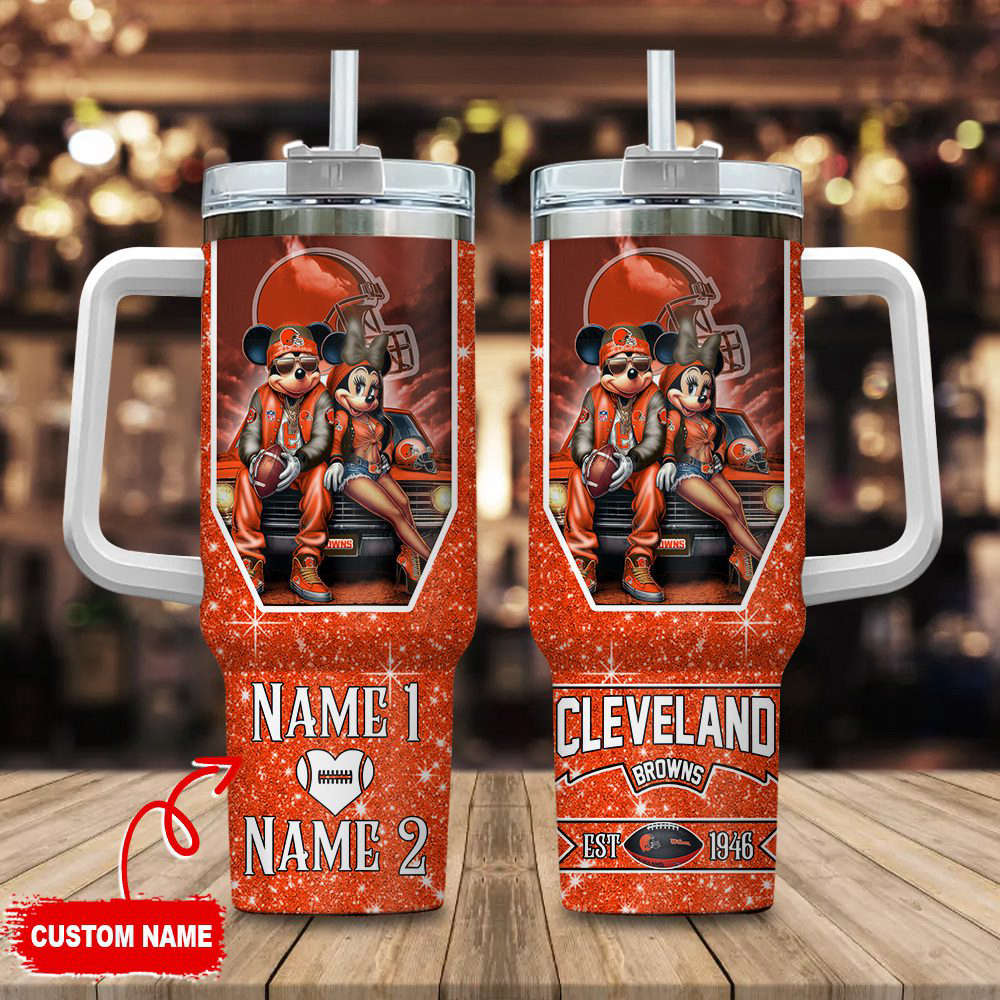 Cleveland Browns NFL Mickey And Minnie Couple 40oz Stanley Tumbler Custom Name Gift for Fans