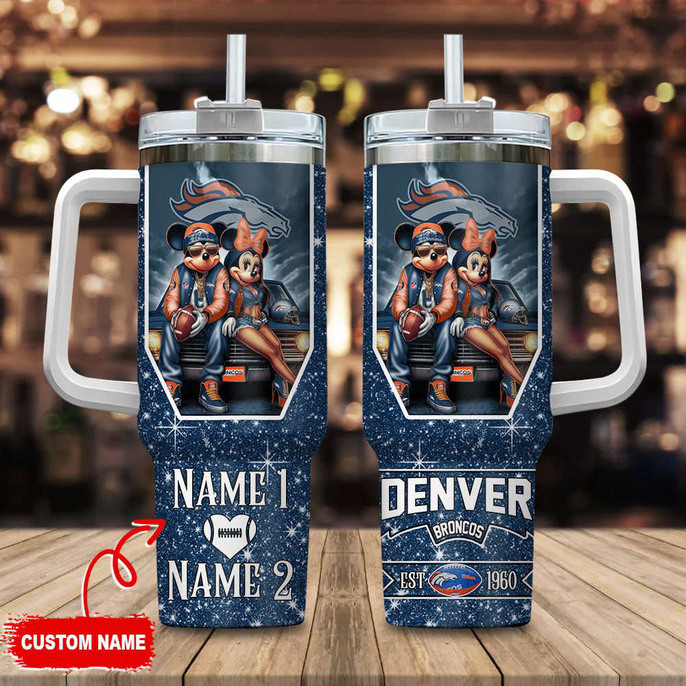 Denver Broncos NFL Mickey And Minnie Couple 40oz Stanley Tumbler Custom Name Gift for Fans