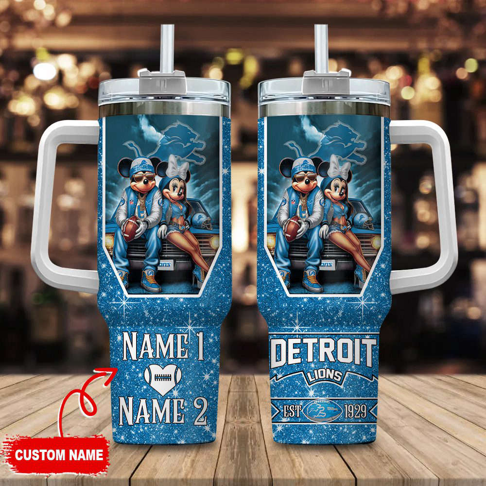 Detroit Lions NFL Mickey And Minnie Couple 40oz Stanley Tumbler Custom Name Gift for Fans