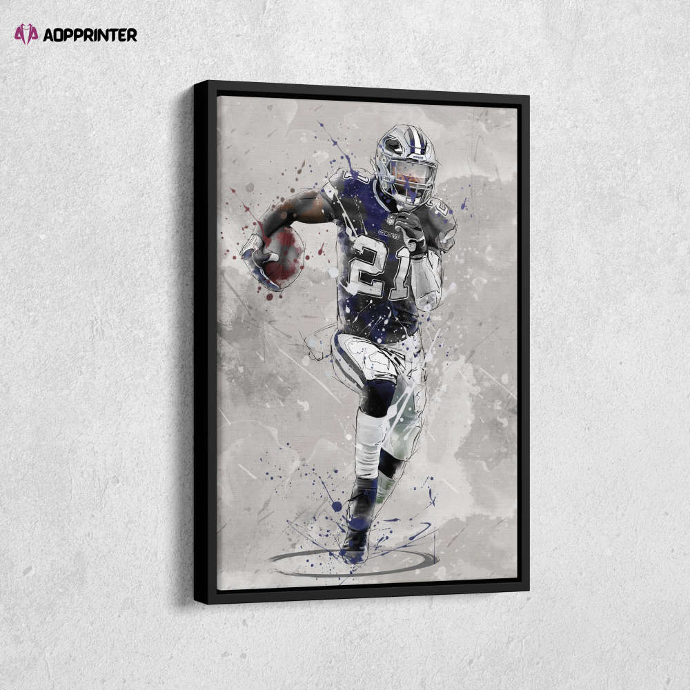 Ezekiel Elliott Poster Dallas Cowboys NFL Canvas Wall Art Home Decor Framed Poster Man Cave Gift