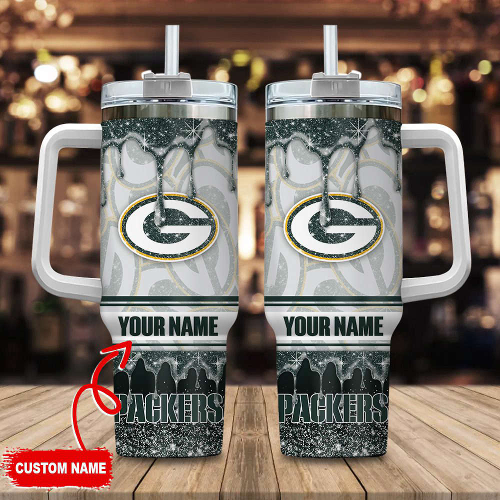 Green Bay Packers NFL Glitter Custom Name 40oz Stanley Tumbler Gift for Fans