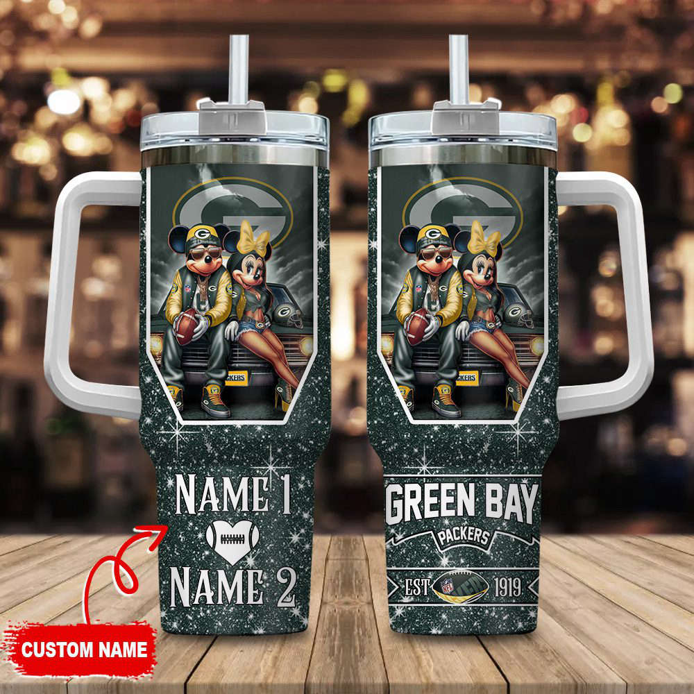 Green Bay Packers NFL Mickey And Minnie Couple 40oz Stanley Tumbler Custom Name Gift for Fans