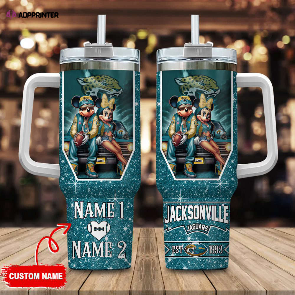 Jacksonville Jaguars NFL Mickey And Minnie Couple 40oz Stanley Tumbler Custom Name Gift for Fans