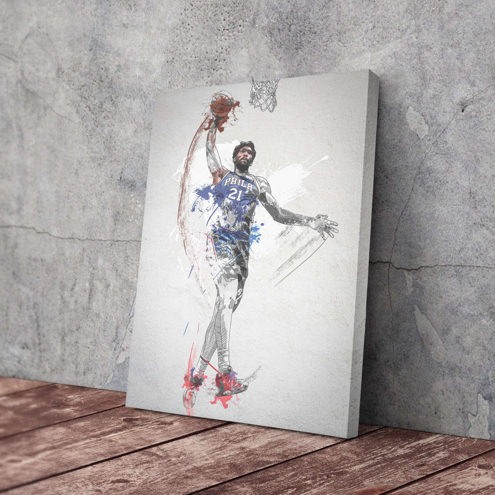 Joel Embiid Poster Dunk Philadelphia 76ers NBA Framed Wall Art Home Decor Canvas Print Artwork
