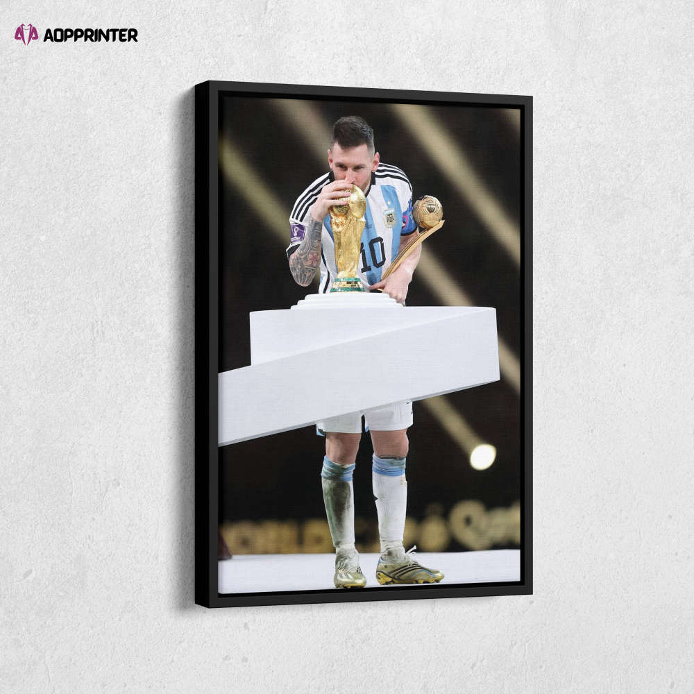 Lionel Messi of Argentina kisses the World Cup Trophy Canvas Wall Art Print Home Decor Hand Made Framed Poster