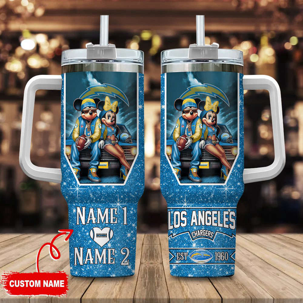 Los Angeles Chargers NFL Mickey And Minnie Couple 40oz Stanley Tumbler Custom Name Gift for Fans