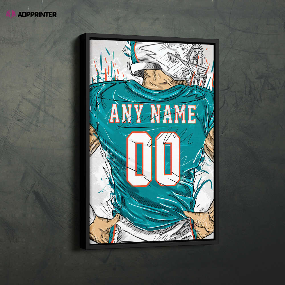 Miami Dolphins Jersey Personalized Jersey NFL Custom Name and Number Canvas Wall Art Home Decor Framed Poster Man Cave Gift