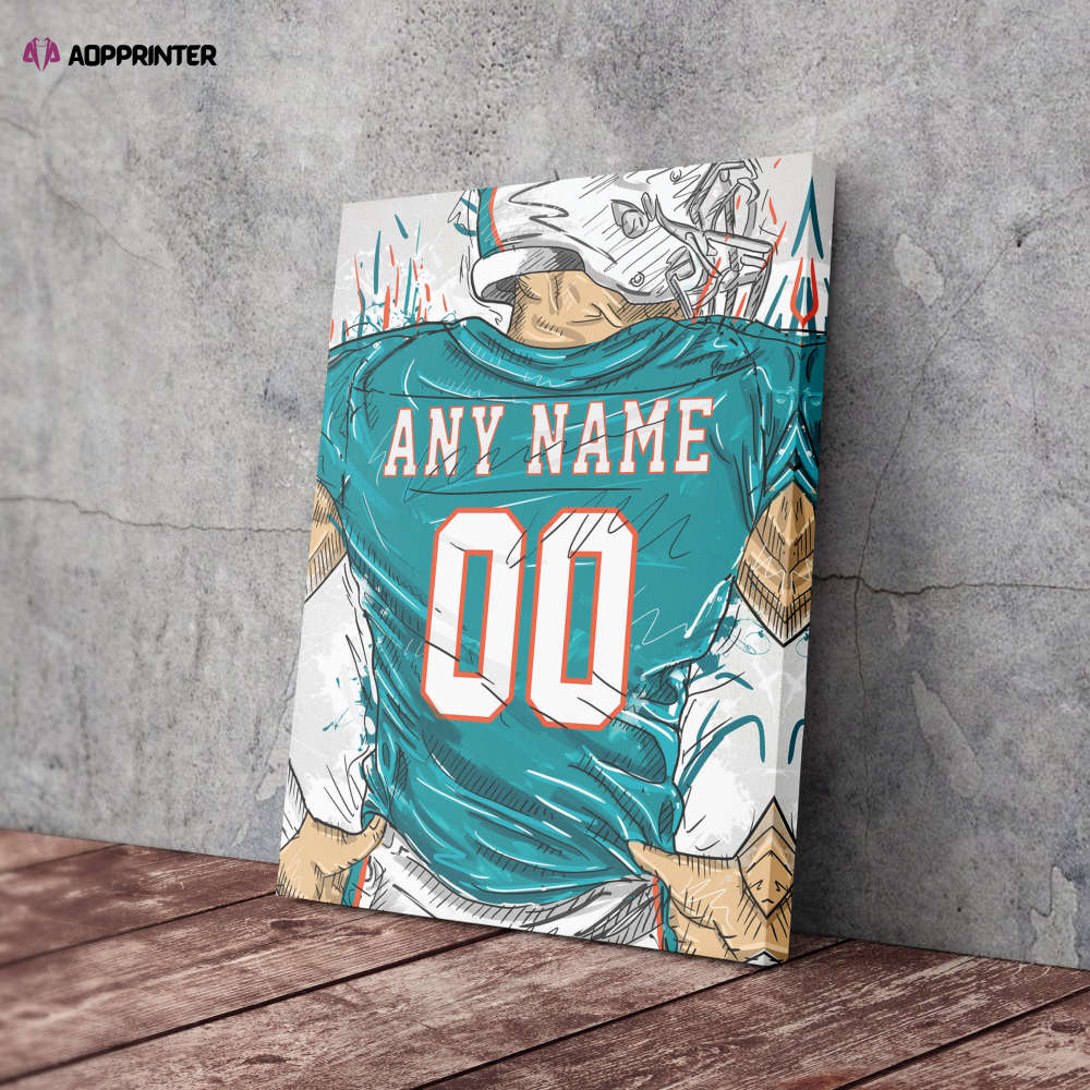 Miami Dolphins Jersey Personalized Jersey NFL Custom Name and Number Canvas Wall Art Home Decor Man Cave Gift