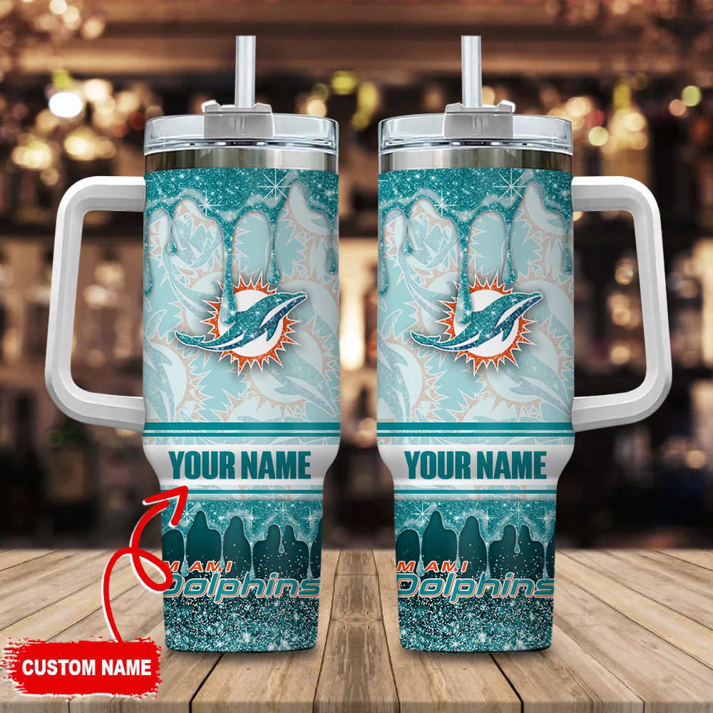 Miami Dolphins NFL Glitter Custom Name 40oz Stanley Tumbler Gift for Fans