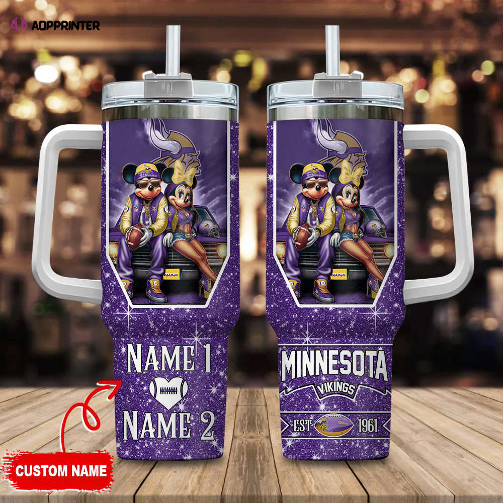 Minnesota Vikings NFL Mickey And Minnie Couple 40oz Stanley Tumbler Custom Name Gift for Fans