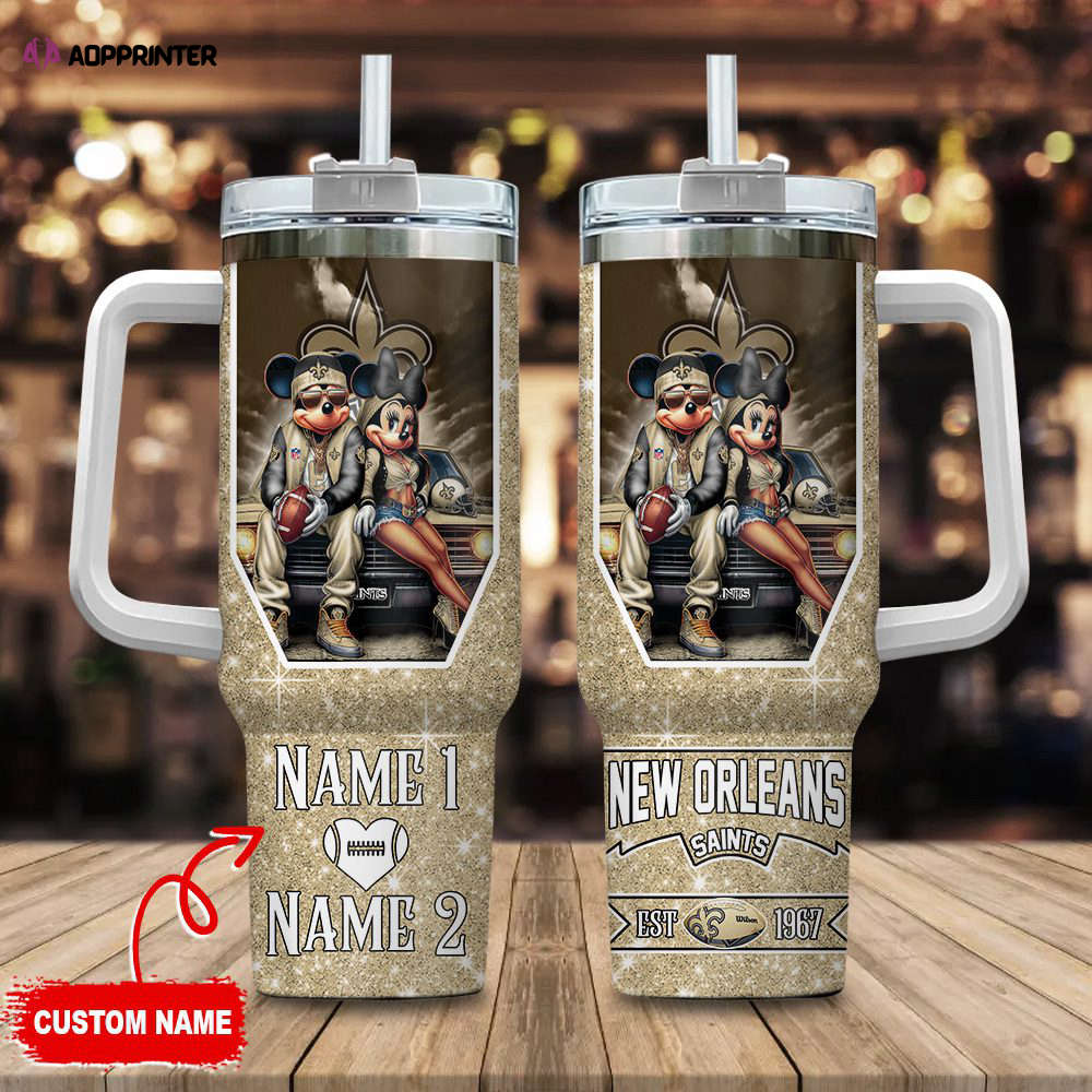 New Orleans Saints NFL Mickey And Minnie Couple 40oz Stanley Tumbler Custom Name Gift for Fans